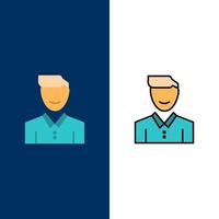 avatar cliente cara feliz hombre persona usuario iconos plano y línea llena conjunto de iconos vector fondo azul