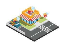Vector isometric icon or infographic element representing low poly fast food restaurant with car park and neon advertising sign. Suitable for Diagrams, Infographics, And Other Graphic assets