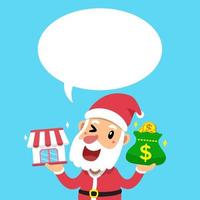 Cartoon santa claus carrying franchise business store and money bag with speech bubble vector