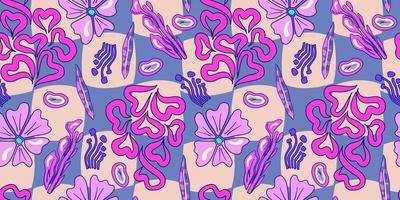 patrón psicodélico trippy de flores sin costuras. patrón transparente psicodélico púrpura. estampado mágico de margaritas florales. diseño trippy hippie floral ilustración plana. impresión retro y2k vector