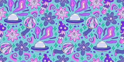 Trippy y2k seamless pattern with mushroom and ufo. Crazy flower abstract. Doodle vector seamless pattern. Magic alien trippy design.