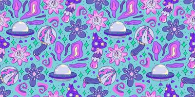 Trippy y2k seamless pattern with mushroom and ufo. Crazy flower abstract. Doodle vector seamless pattern. Magic alien trippy design.