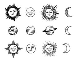 moon, planets, sun, crescent moon with human faces. Set of vector illustrations on the theme of the solar system and esoteric. Hand drawn and traced elements