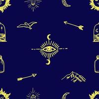 seamless pattern of yellow elements on the theme of mysticism on a dark blue background. Drawn by hand in doodle style and traced - third eye, mountains, arrow, crescent moon, bird, sun with a face vector