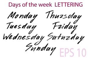 Vector set of days of the week handwritten in black marker. Traced black lettering isolated on white. Monday, Tuesday, Wednesday, Thursday, Friday, Saturday, Sunday