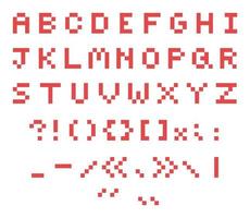 Flat pixel alphabet of capital letters and punctuation marks of light red color on a white background. vector