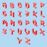 Conjunto de arte de píxeles 3 d de signos de puntuación y alfabeto en isométrica izquierda. señales y letras rojas sobre un fondo azul claro vector
