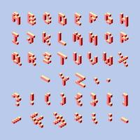 3 d pixel art set of punctuation marks and alphabet in isometric left. Red signs and letters on a light blue background vector