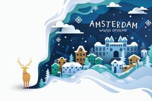 Amsterdam famous landmarks travel banner in winter vector