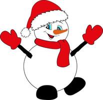 White snowman in red Santa hat, scarf and mittens. Christmas and New Year. vector