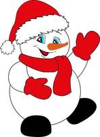 muñeco de nieve alegre en un sombrero rojo de santa, bufanda y mitones. Navidad y Año Nuevo. vector