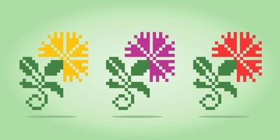 8 bits of spiny flower pixels. Purple flowers for cross stitch patterns, in vector illustrations.