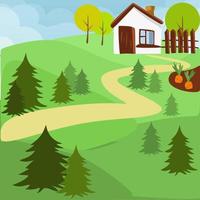 Background for the fairy tale kolobok with a house, a road and a forest. Suitable for printing on paper in book illustration. Simplicity and minimalism. vector