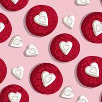 A pattern of red oatmeal cookies and white heart-shaped candies on a delicate background. Suitable for printing on textiles and paper. Festive packaging for Valentine's Day. vector