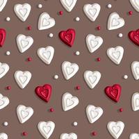 A pattern of scattered beads with shadows and red and white candy in the form of a heart on a gray background. Suitable for printing on textiles and paper. Festive packaging for Valentine's Day. vector