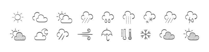 conjunto de iconos meteorológicos dibujados. iconos del clima. iconos de vectores meteorológicos. símbolos de signos de pronóstico del tiempo. signos del clima. ilustración vectorial