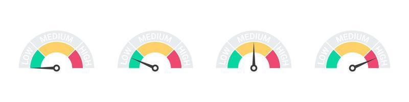 Speedometer, tachometer, indicator icons. Performance measurement sign. Flat style. Vector illustration