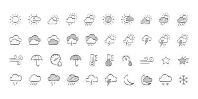 iconos del clima. iconos meteorológicos dibujados. iconos meteorológicos sol y nubes en el cielo, lluvia con nieve, truenos y relámpagos. ilustración vectorial vector