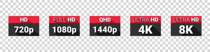 Screen resolutions. HD, Full HD, 2K, 4K, 8K resolution icons. High definition display resolution icon standard. Flat style. Vector Illustration