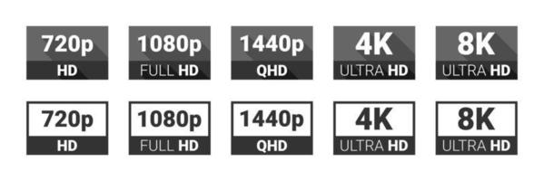 Video quality symbol. HD, Full HD, 2K, 4K, 8K resolution icons. High definition display resolution icon standard. Vector Illustration