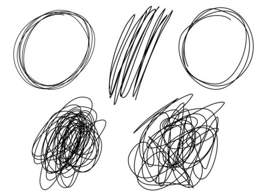 Chaotically tangled lines set. Unravels chaos and mess difficult situation. Psychotherapy concept of solving problems is easy. One continuous line drawing. Hand drawn vector illustrations isolated