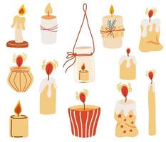 juego de velas. velas de cera decorativas para relajarse, decoración de interiores, vacaciones y navidad. velas de cera ilustración vectorial dibujada a mano aislada en el fondo blanco. vector