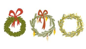 Christmas wreaths set. Decor for New Year Christmas and holiday. Wreath with holly berries, mistletoe, pine and fir branches, cones, rowan berries. Hand drawn illustration isolated vector