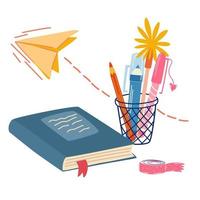 School supplies set. Back to school. Hand draw School equipment icons. Vector cartoon illustration in a flat style on a white background. All objects are isolated