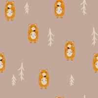 Bear seamless vector pattern. The limited palette is ideal for printing textiles, fabric, wrapping paper Simple hand drawn illustration of a forest bear character in Scandinavian style.