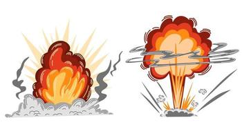 Explosion set. Cartoon dynamite or bomb explosion, fire. Boom clouds and smoke element. Dangerous explosive detonation, Atomic bomb explosion. Vector hand draw illustration.