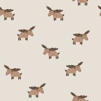 Elk seamless vector pattern. The limited palette is ideal for printing textiles, fabric, wrapping paper Simple hand drawn stamp illustration of a forest moose character in Scandinavian style.