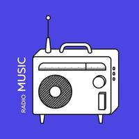 Portable radio player with antenna and speaker. Black and white minimalist vector illustration on bright blue background, great design for any purposes