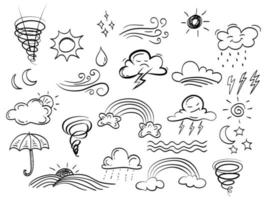 conjunto dibujado a mano de elementos meteorológicos de garabatos cómicos abstractos. con viento, nube, flash, paraguas, sol, luna, lluvia, arco iris. aislado sobre fondo blanco. ilustración vectorial vector