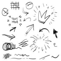 hand drawn set of abstract comic doodle elements. with starburst, swirl, swoosh, line scribble, crown, wind, arrow, emphasis highlight text. isolated on white background. vector illustration