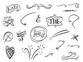 hand drawn set of abstract comic doodle elements. with heart, swirl, swoosh, ampersand, crack, arrow, text emphasis. isolated on white background. vector illustration