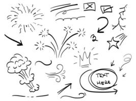 hand drawn set of abstract comic doodle elements. with starburst, swirl, swoosh, fireworks, explosive, crown, wind, arrow. isolated on white background. vector illustration