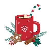 Hot Christmas cocoa with gingerbread cookie, candy, fir branches, and cinnamon stick. Isolated on white background, Vector illustration, Merry Christmas themed design.