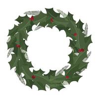 Christmas holiday wreath with spruce branches, holly leaves and berries. Green twigs with red holly leaves and berries. Isolated on white background. Festive winter holiday design template. vector