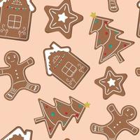 Christmas trees, gingerbread men, houses and stars seamless pattern on beige background. Christmas or New Year background. For wallpaper, textile, backdrop, wrapping paper. vector