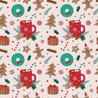 Hot winter drink and Christmas holiday bakery seamless pattern. Cocoa with marshmallows, donuts, and cookies. Isolated on white background. Holiday themed digital paper. vector