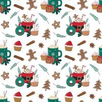 Hot cartoon winter drinks and Christmas bakery seamless pattern. Cocoa with cream, chocolate with marshmallow, cupcakes, donuts, cookies. Isolated on white background. Holiday themed digital paper. vector