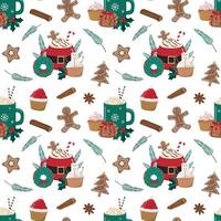 Hot cartoon winter drinks and Christmas bakery seamless pattern. Cocoa with cream, chocolate with marshmallow, cupcakes, donuts, cookies. Isolated on white background. Holiday themed digital paper. vector