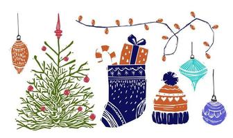 conjunto de linograbado de decoración de feliz navidad y año nuevo. elementos de navidad en estilo de corte de lino. colección de huecograbado árbol de navidad, juguetes y luces. vector