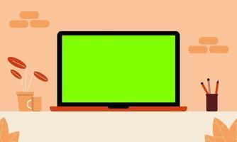 Illustration of a laptop with a green screen on the desktop vector