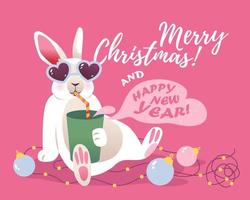 Funny bunny with a drink and Christmas decorations. Christmas card. Vector illustration