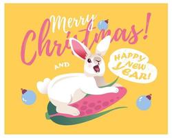 Rabbit on the corn is having fun. Christmas and New Year greeting card. Vector illustration.