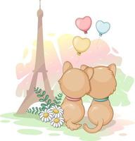 dos gatos enamorados de globos y flores cerca de la torre eiffel vector