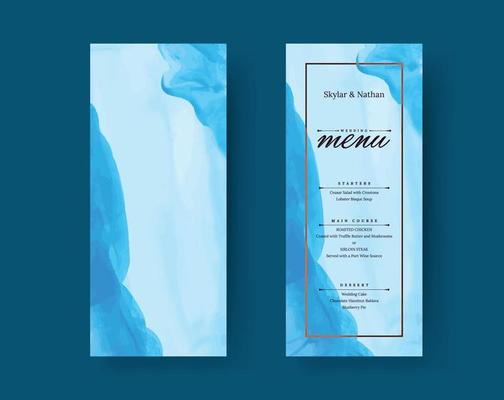Elegant Blue Watercolor Wedding Menu Card Template