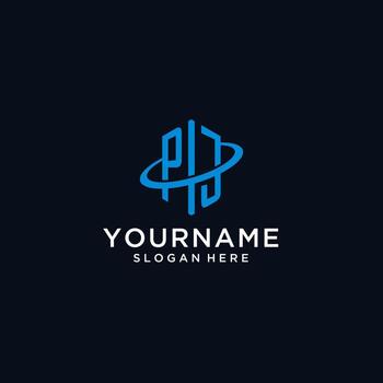 PJ initial monogram logo with hexagonal shape and swoosh design vector