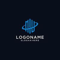MU initial monogram logo with hexagonal shape and swoosh design vector